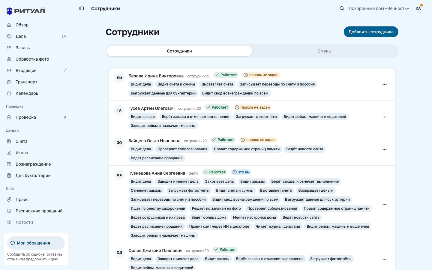 Сотрудники похоронного дома: у каждого права галочками, состояние и смены